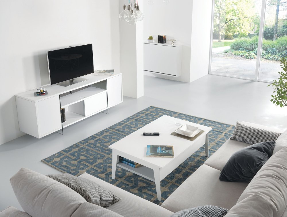 Meuble TV design MARCO POLO 180cm Blanc Mat  portes coulissantes et piètement en verre